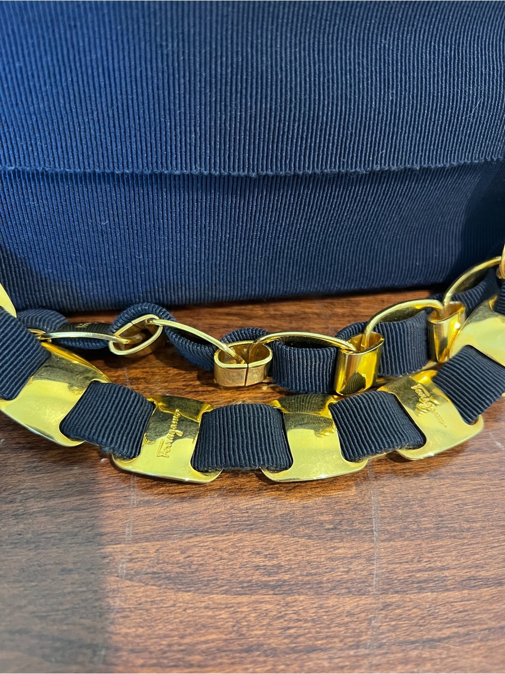 Vintage Salvatore Ferragamo Navy Grosgrain Vara Chain Tote Bag - Picture 3 of 6
